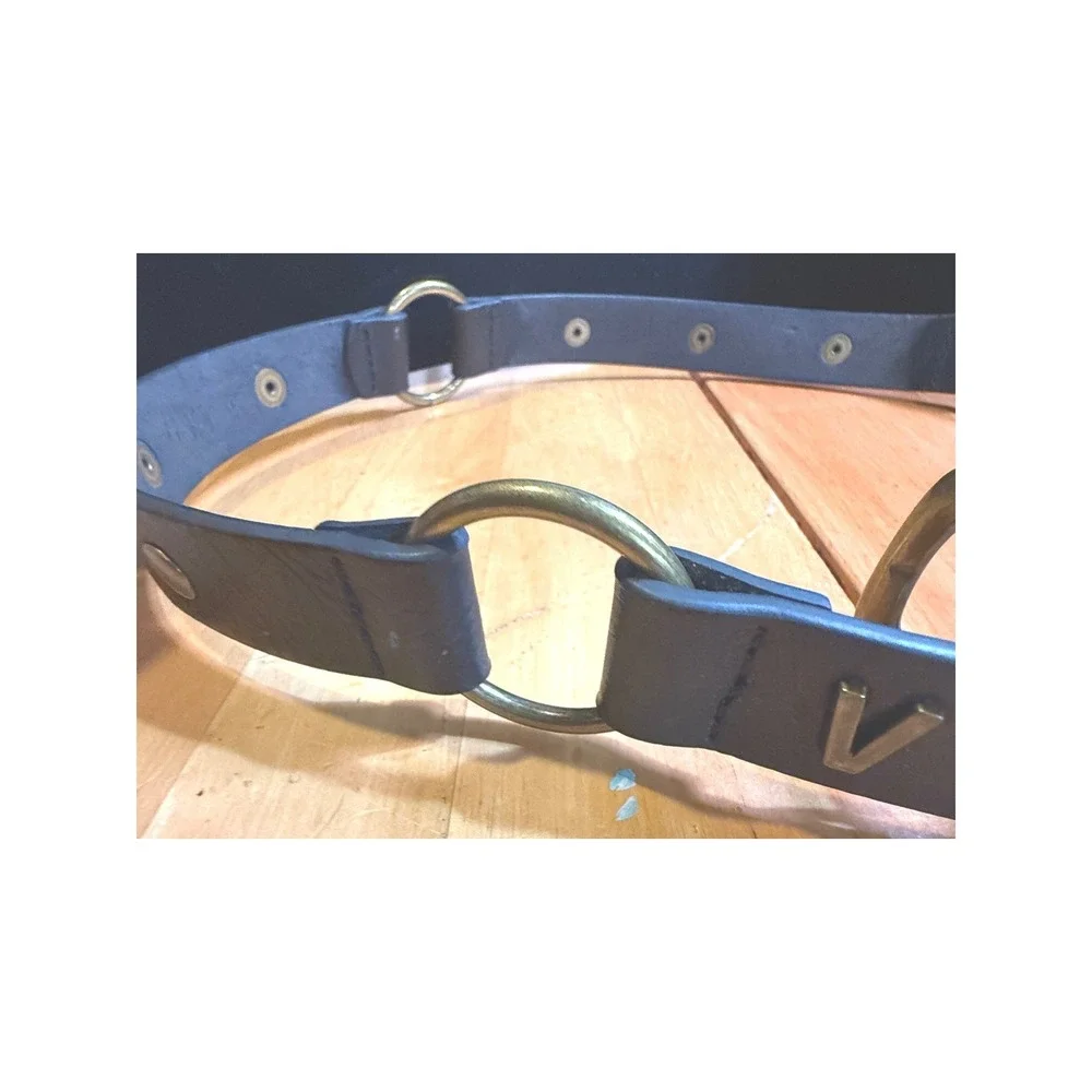 Vintage Black‎ Leather O-Ring Grommet Belt Antique Brass V Logo Grunge Moto